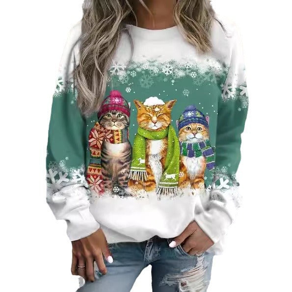 Cross-border Women's Christmas New Snowman And Cat Printed Long Sleeve Casual Loose-fitting T-shirt Christmas Supplies